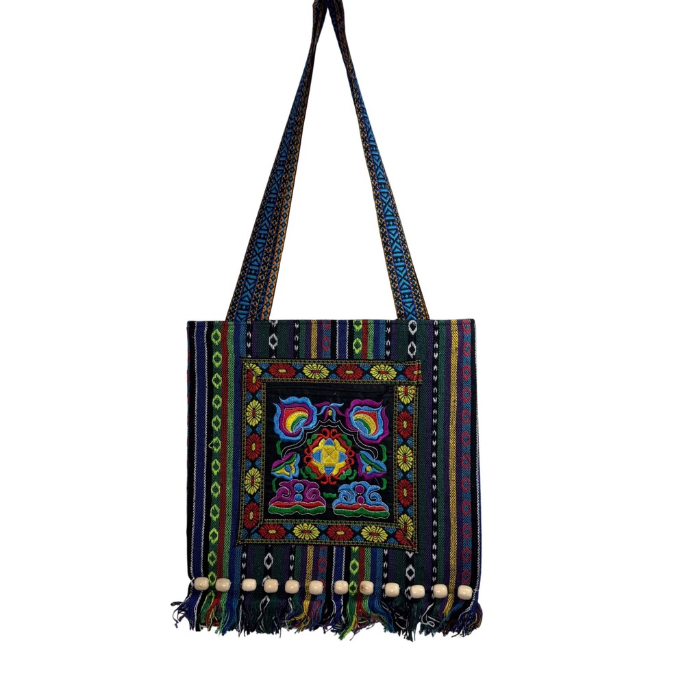 Boho Embroidered Woven Tote Bag‎ Multi-Color Striped Fringe Wooden Beads Artisan